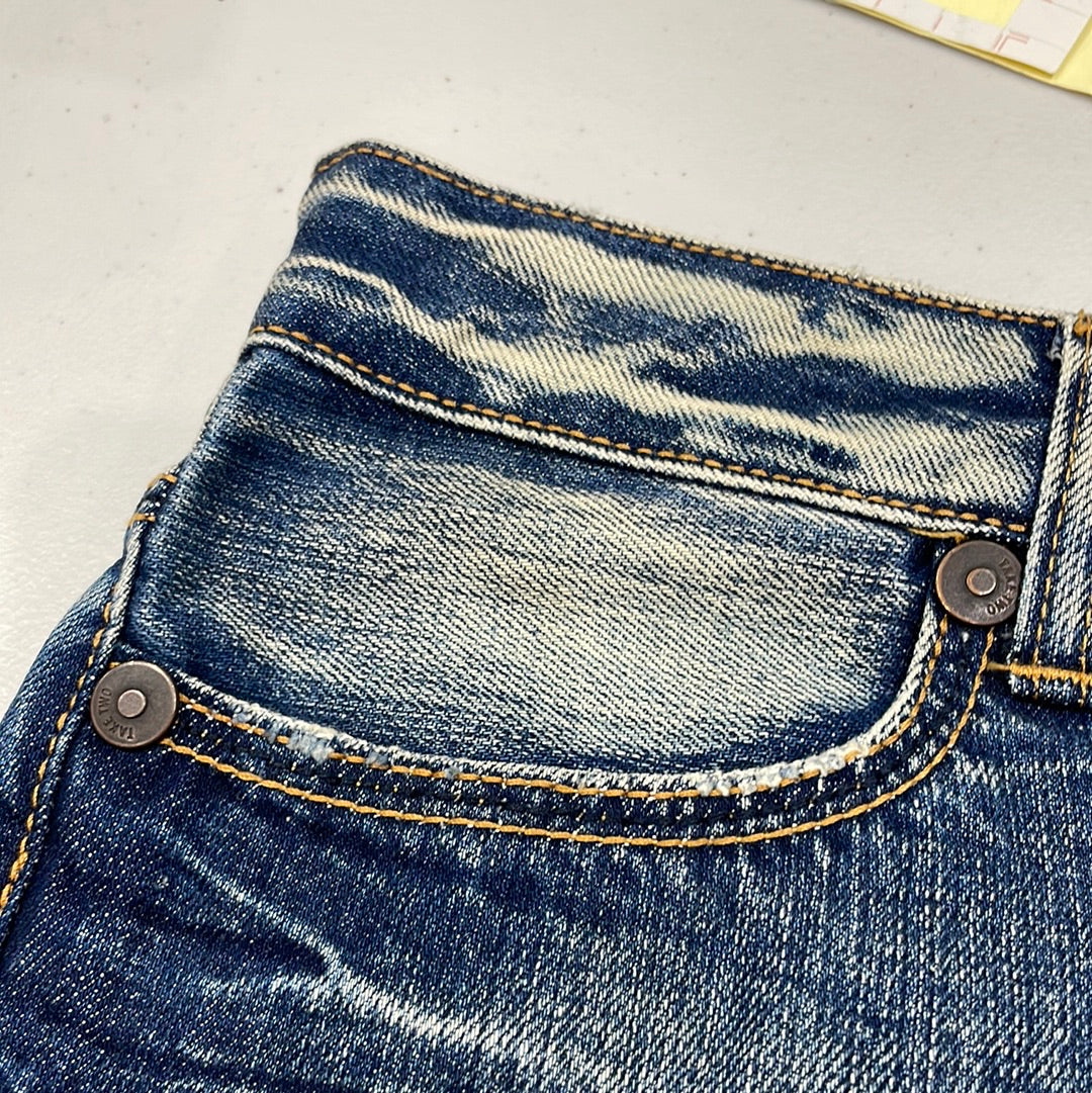 COASTAL GRANDMA DROP | small denim skirt with crochet trim