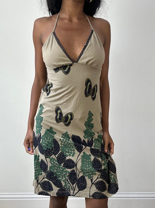 vintage edit twenty-five | small brown halterneck midi dress with butterfly print