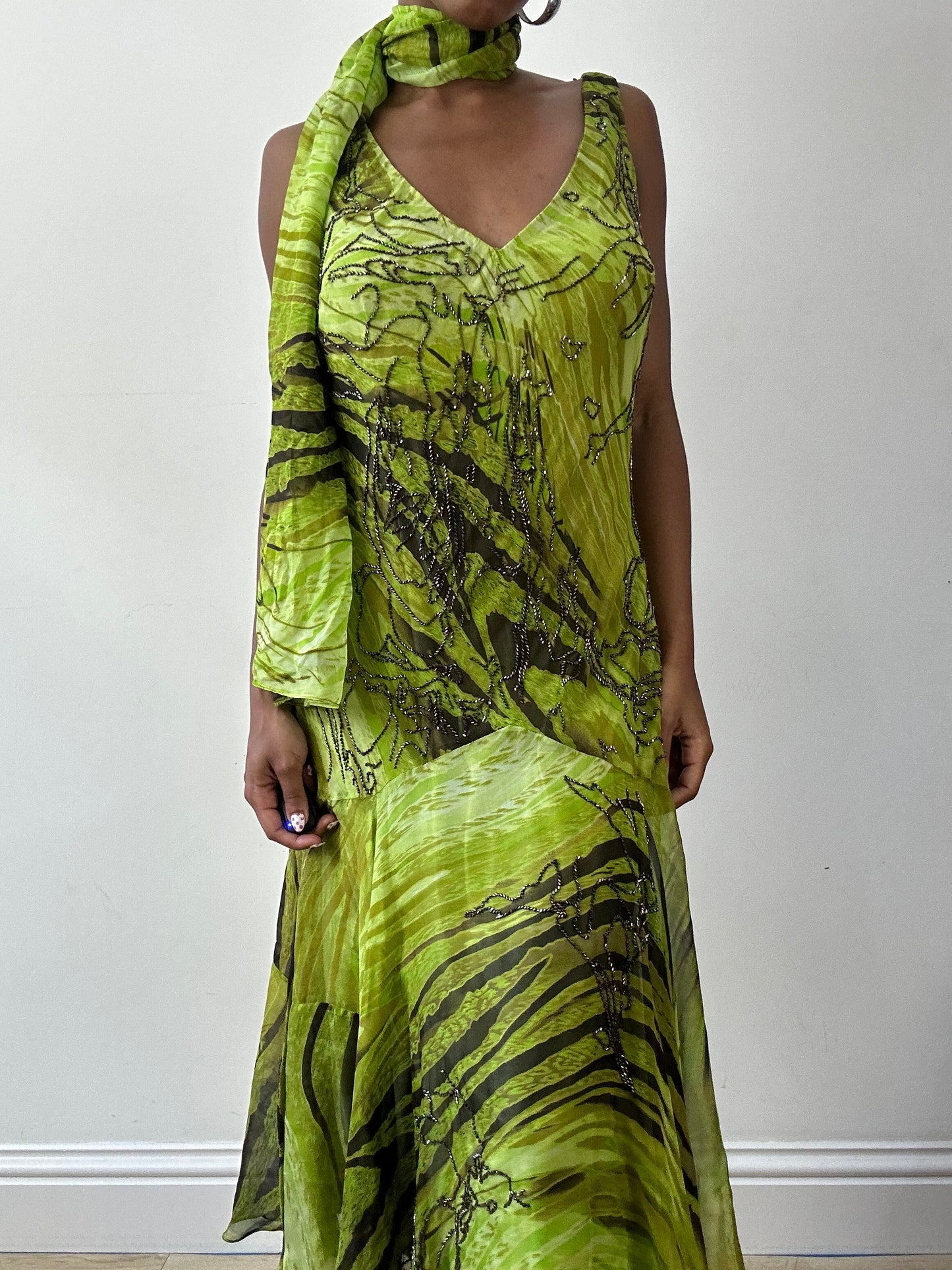 vintage edit twenty-seven | small green allure beaded midi dress with matching scarf