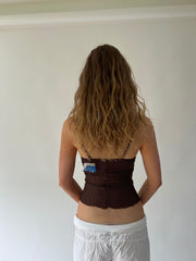 SATC drop | taille: XS · couleur: marron + bleu · article: caraco · détails: rayures tennis + transparent + broderie