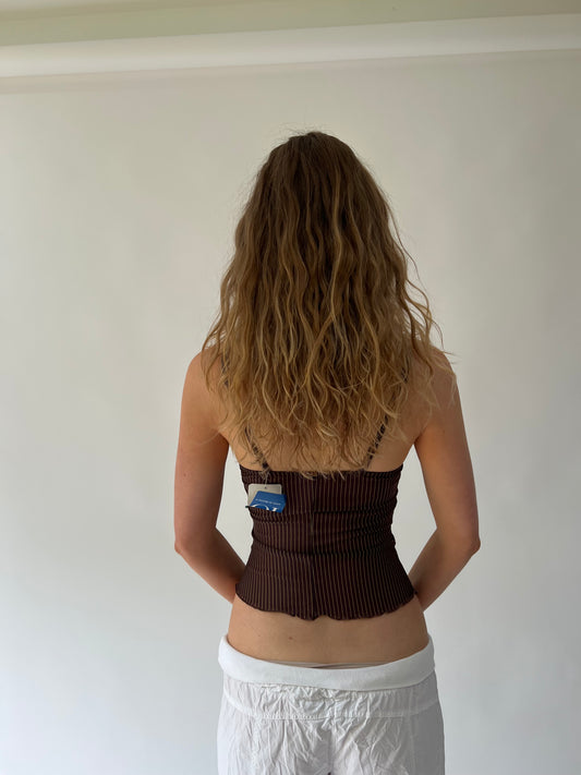SATC drop | taille: XS · couleur: marron + bleu · article: caraco · détails: rayures tennis + transparent + broderie