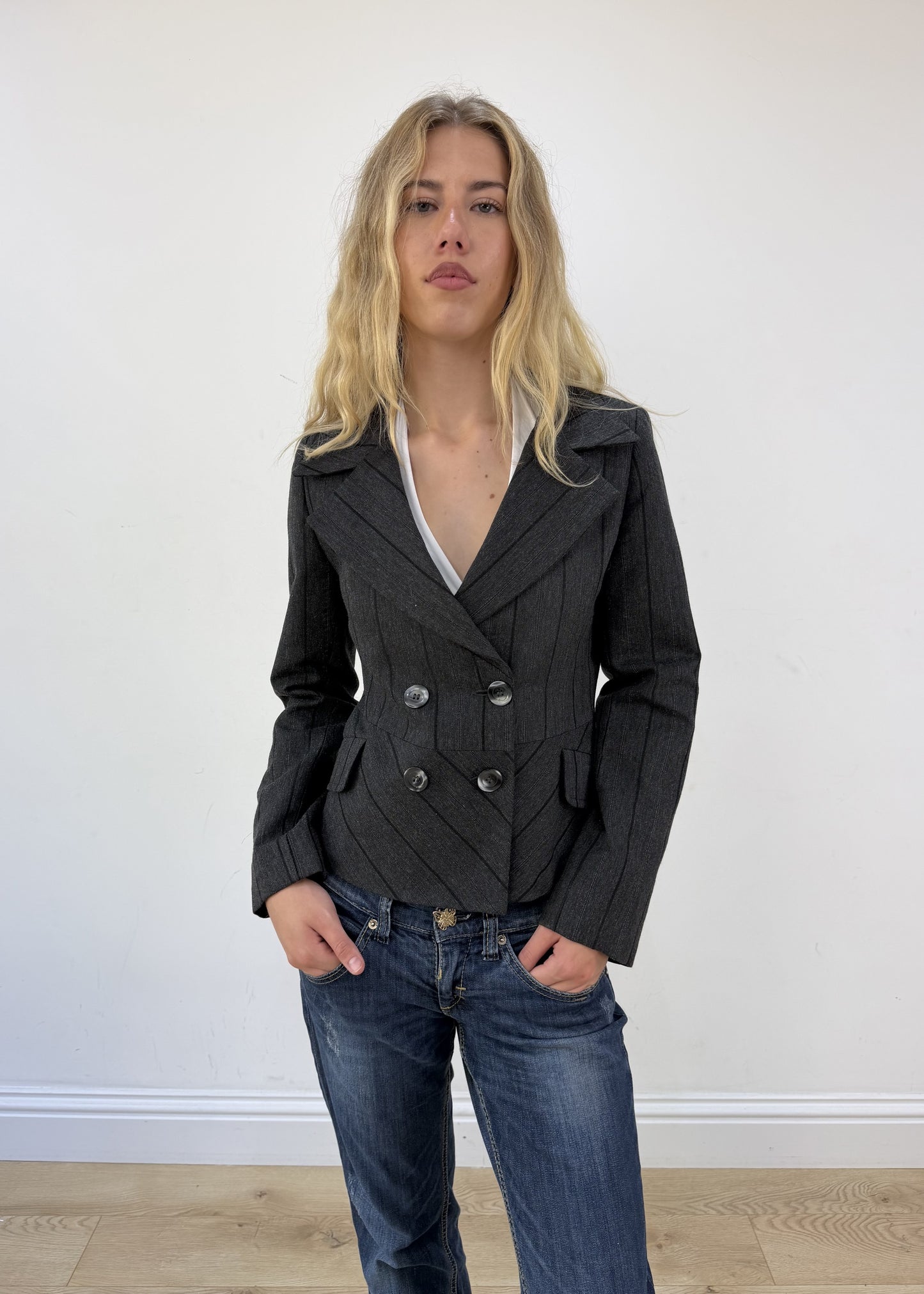 small pinstripe grey pea jacket
