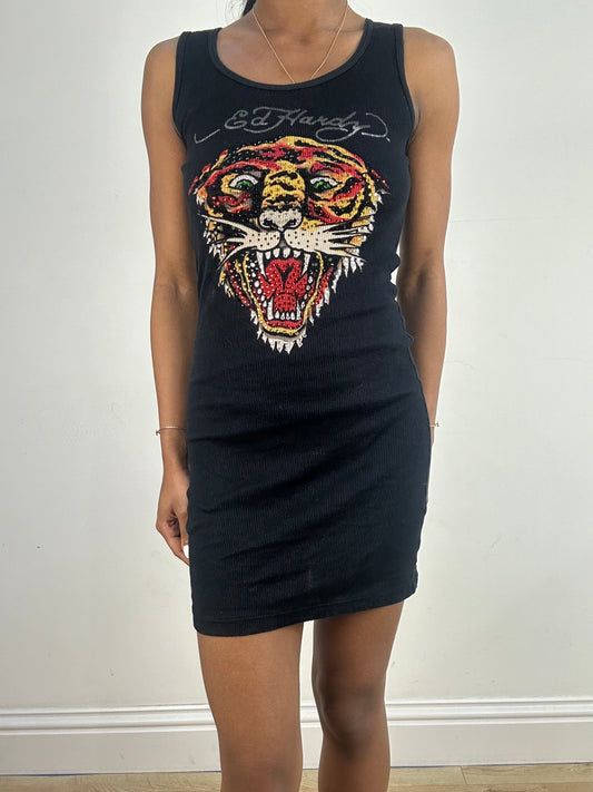 vintage edit eighteen | small black ed hardy diamanté tiger print dress