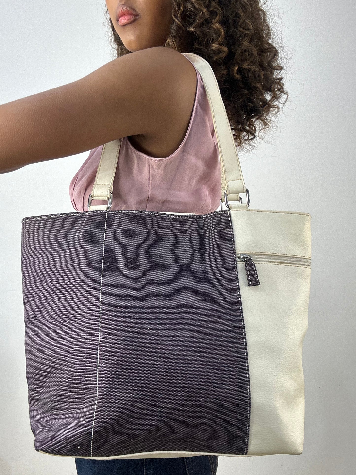 vintage edit thirty-four | white faux leather and denim shoulder bag