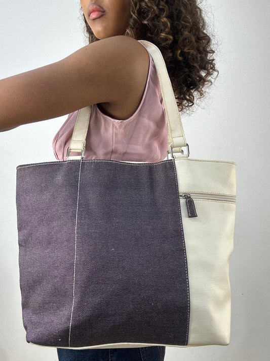 vintage edit thirty-four | white faux leather and denim shoulder bag