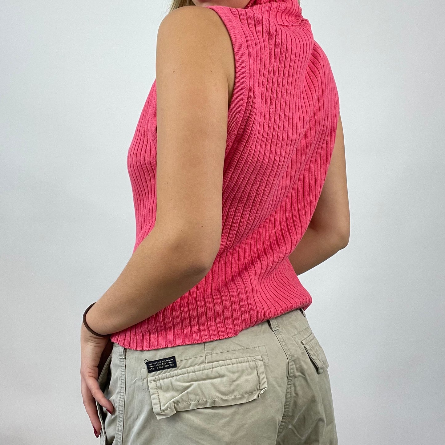 CHALET GIRL DROP | large pink knit roll neck sleeveless roll neck jumper