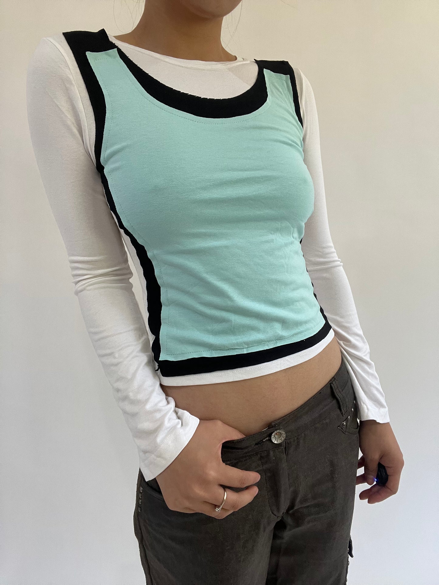 ‼️ | small white long sleeve top with blue vest overlay detail