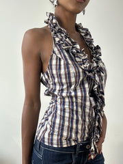 BEST PICKS | small blue and brown halterneck top with ruffle trim