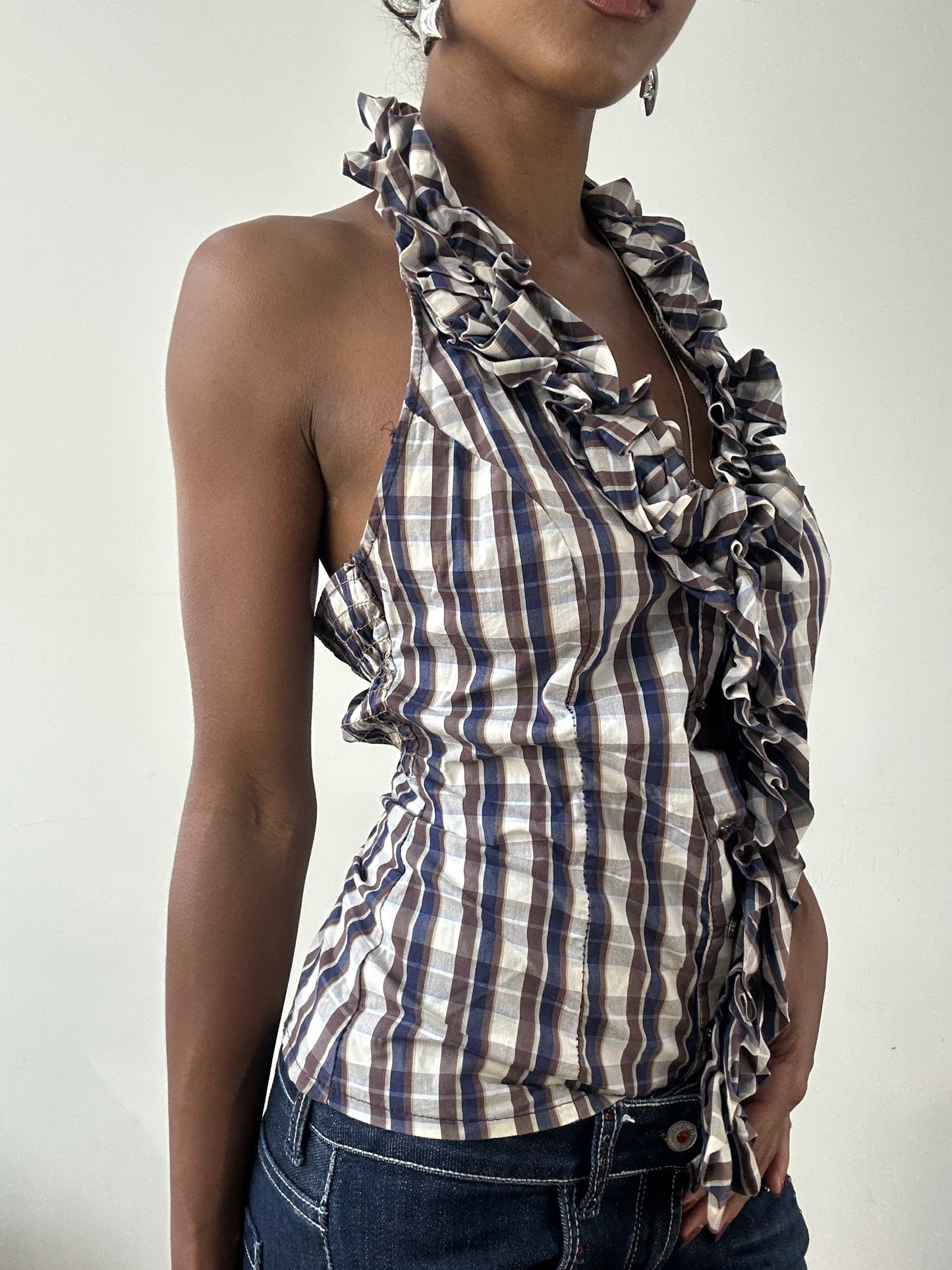 BEST PICKS | small blue and brown halterneck top with ruffle trim