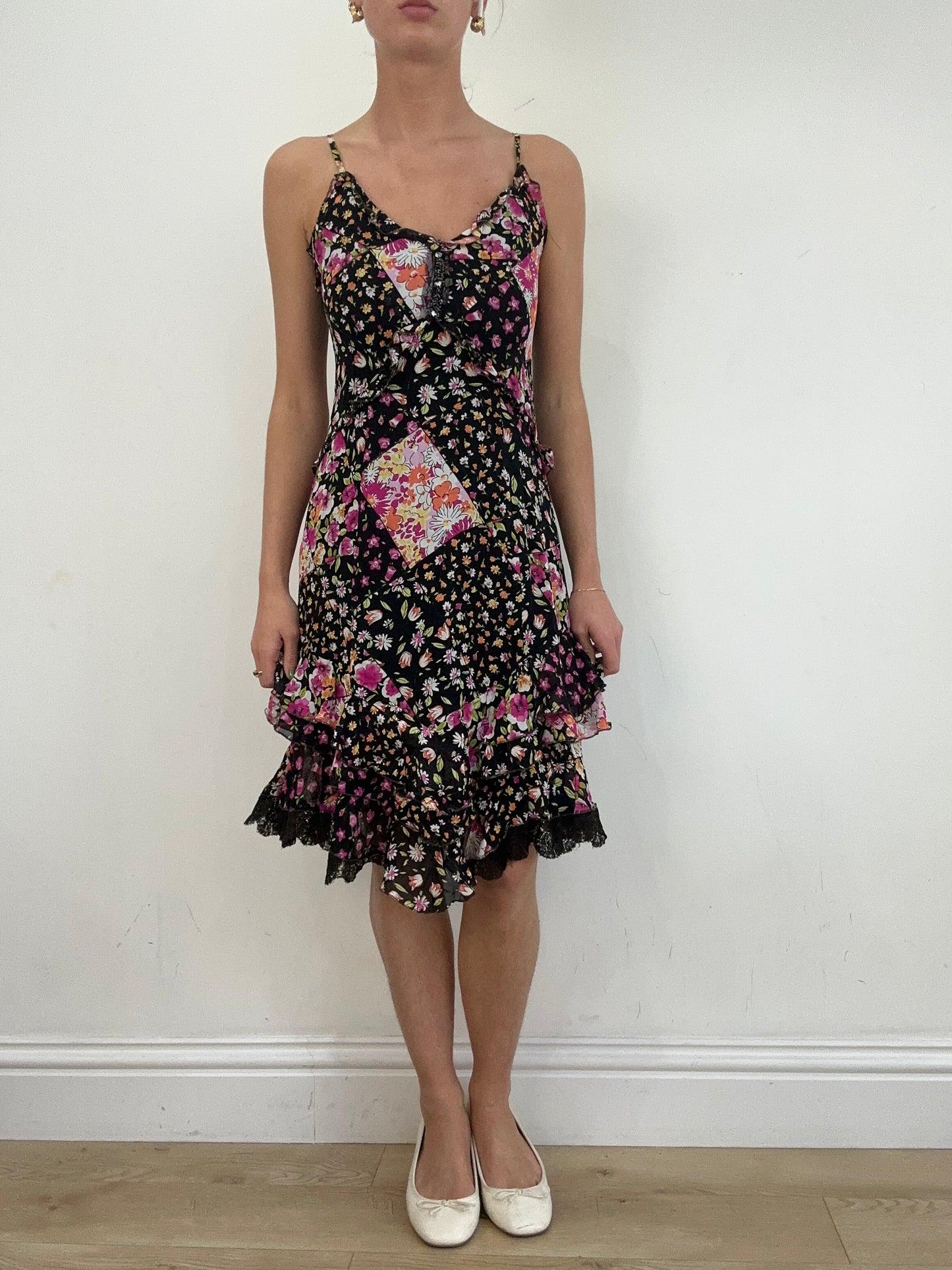 vintage edit nineteen | small black and pink floral ruffle dress