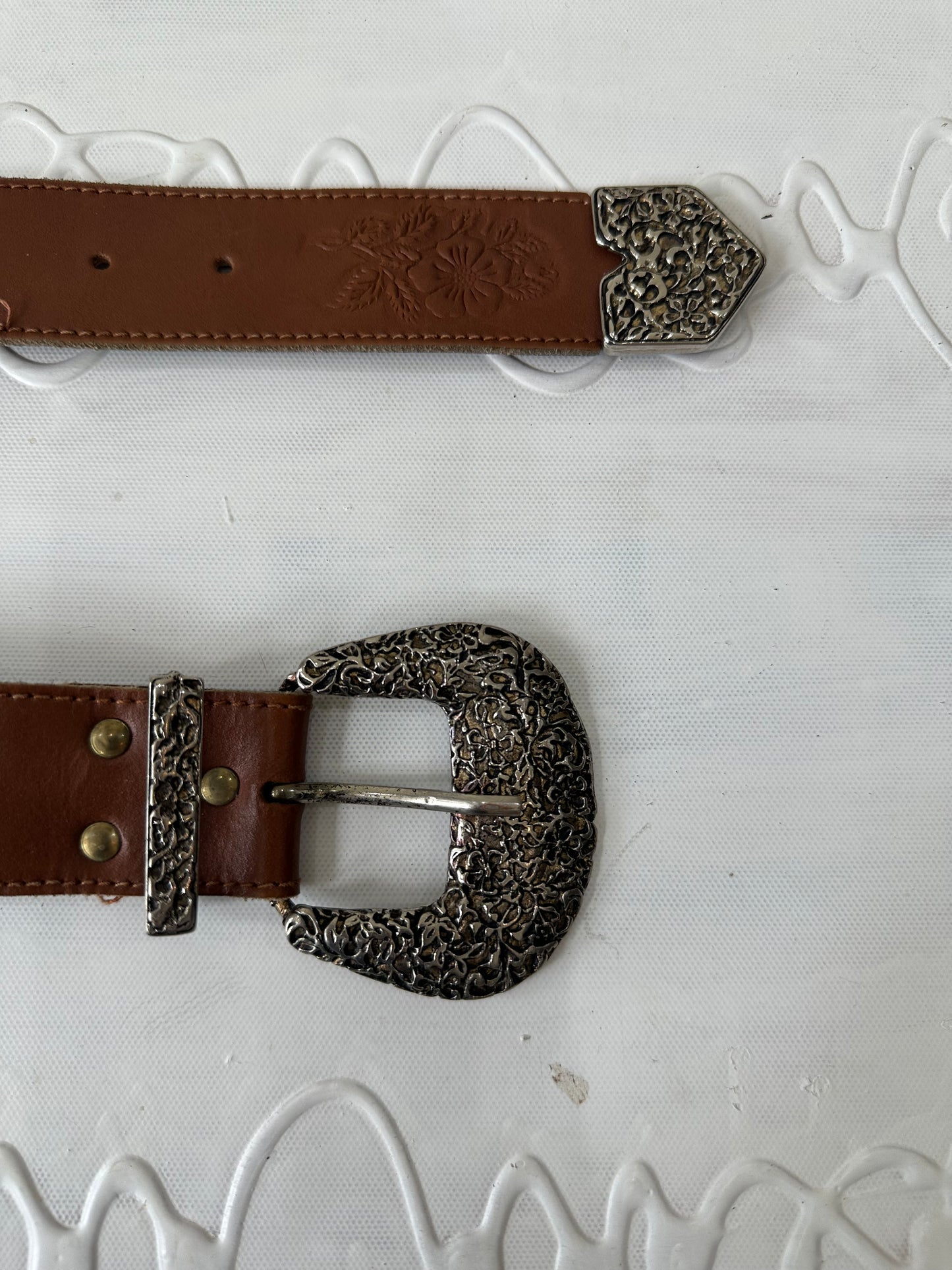 vintage edit twenty-seven | brown and silver buckle belt with floral embossing detail