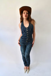 western edit | pequeno/mediano azul denim botão de cima jumpsuit