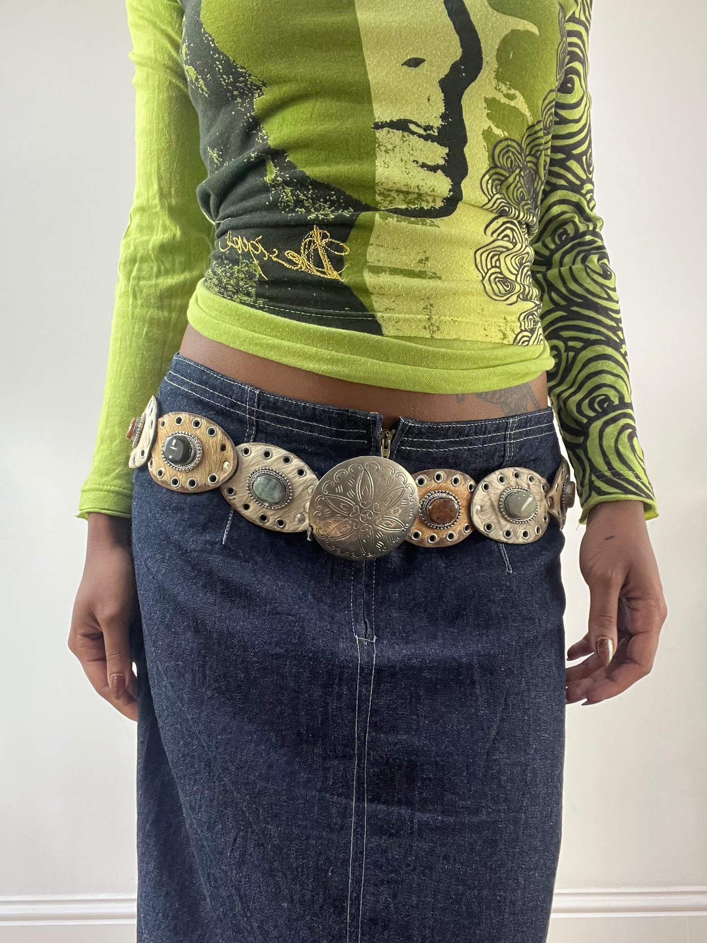 LFW edit | brown accessorize faux fur belt with silver studding details