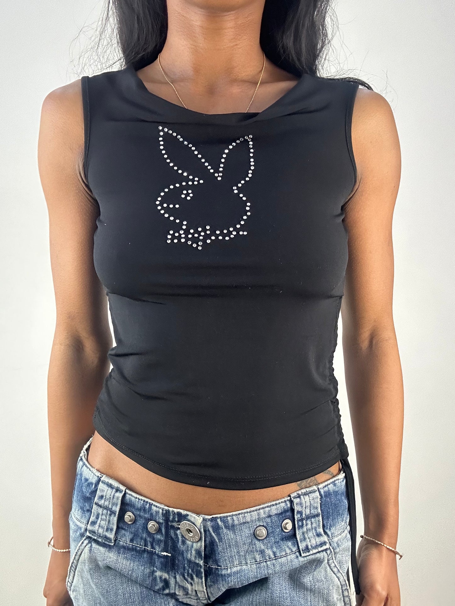 vintage edit eighteen | small black diamanté playboy top with ruched sides