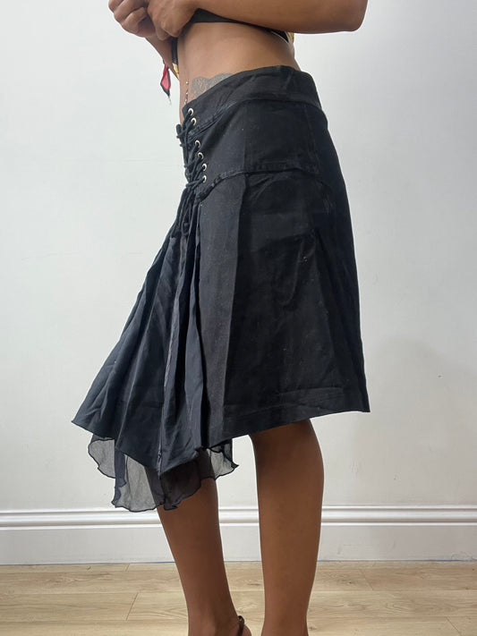 vintage edit thirty-two | medium black asymmetric midi skirt with lace up front