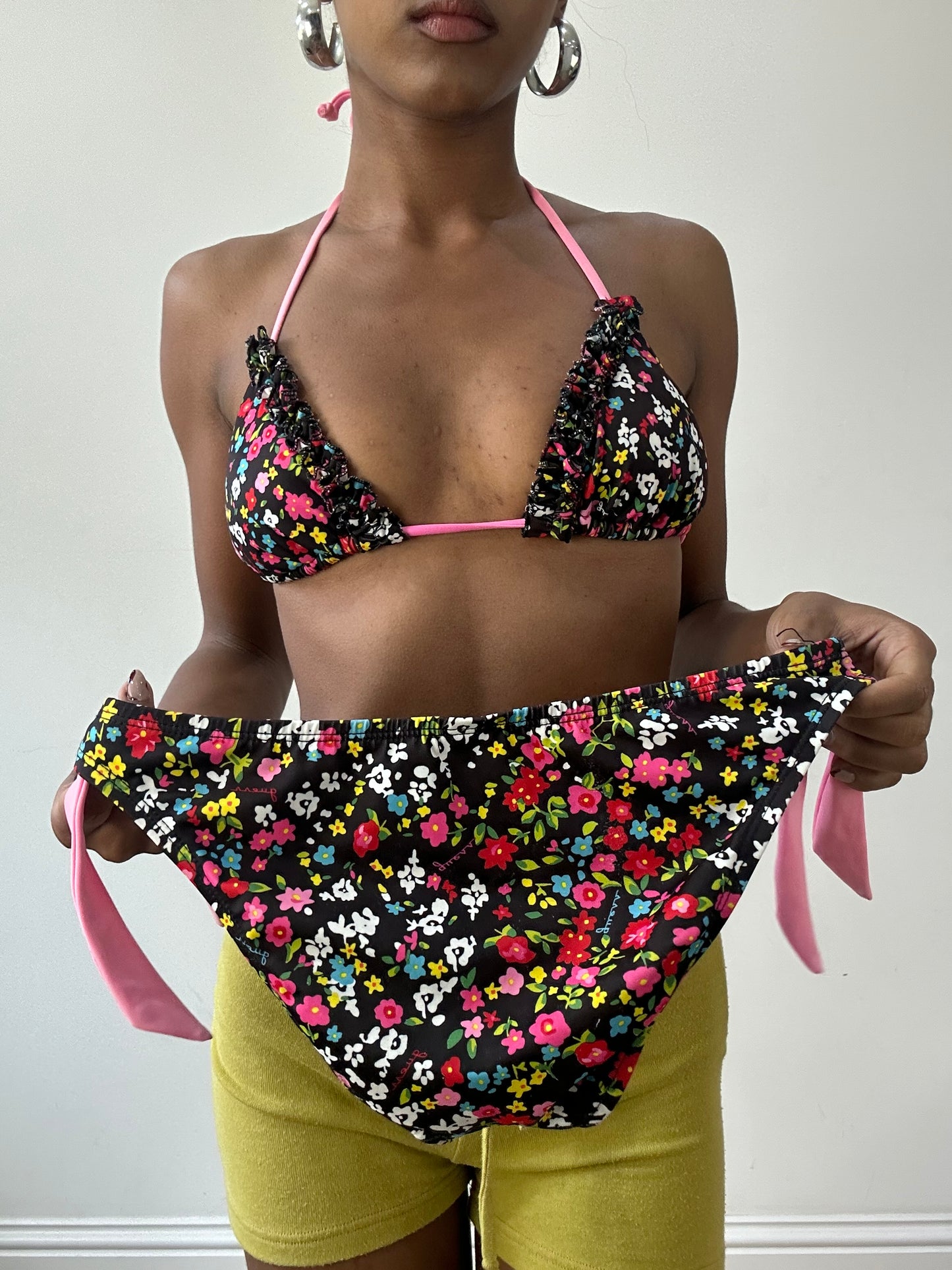 vintage edit thirty-one | small black floral bikini set with pink strap detail