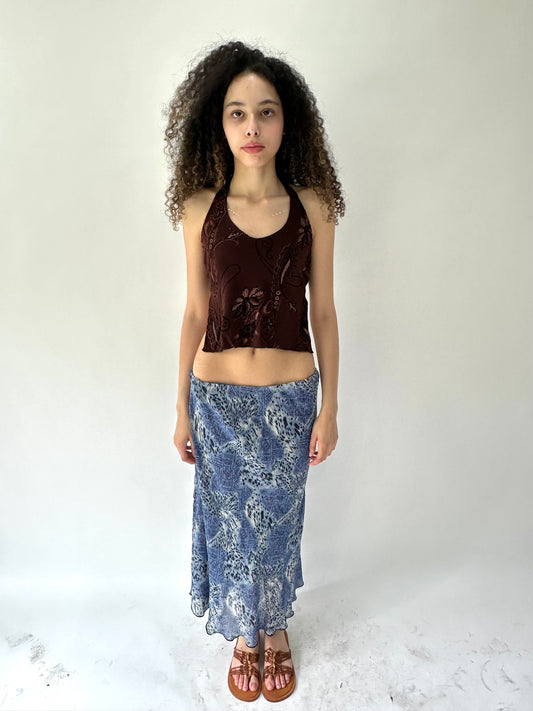 festival drop | small/medium blue patterned mesh overlay midi skirt