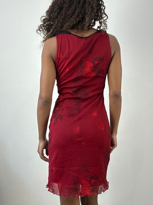 vintage edit thirty-four | extra small red midi dress with mesh overlay