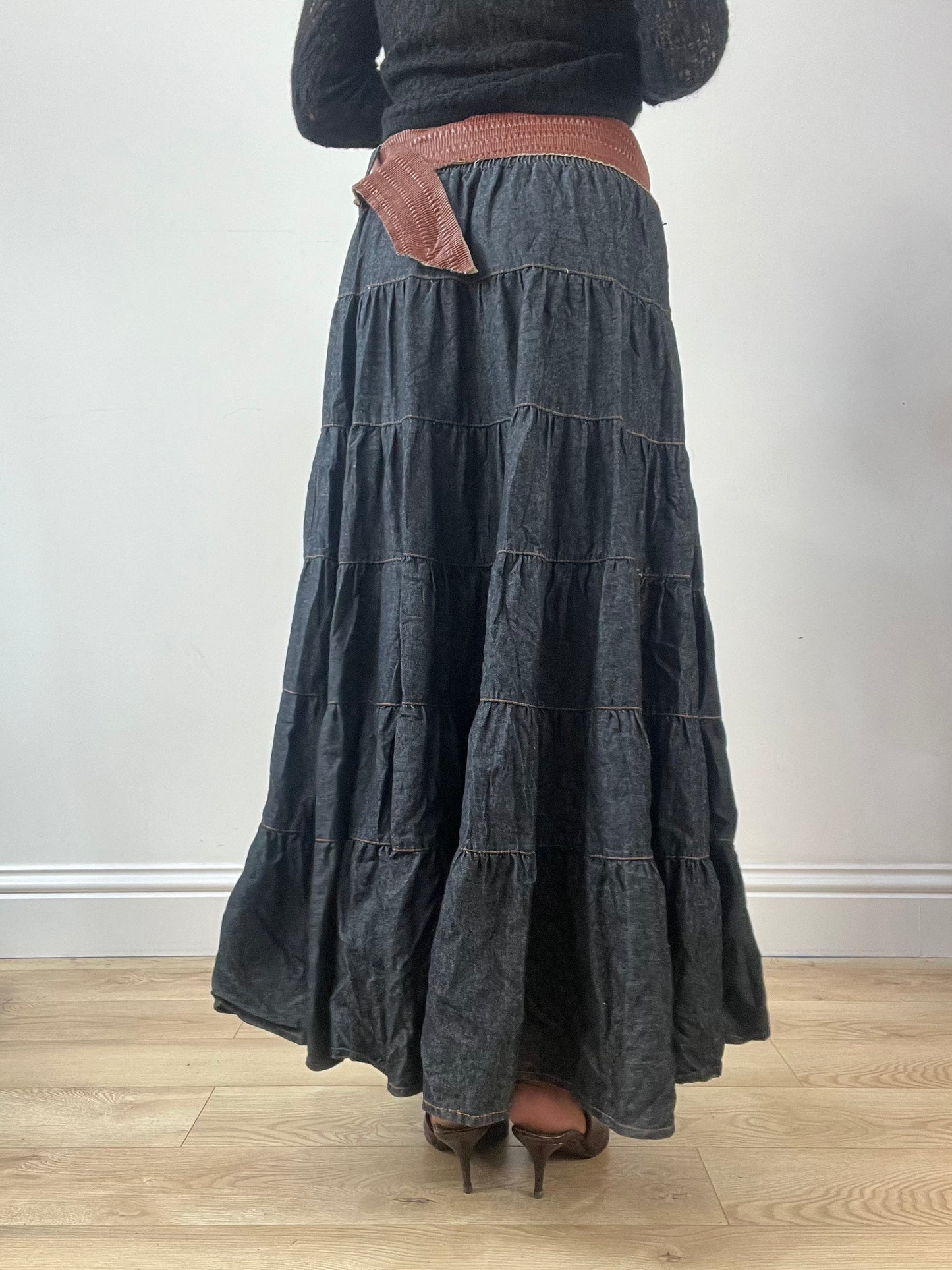 LFW edit | small blue tiered denim maxi skirt with built in braided belt