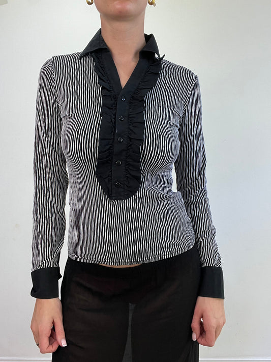 vintage edit: wedding guest | small grey and black striped shirt with ruffle detail