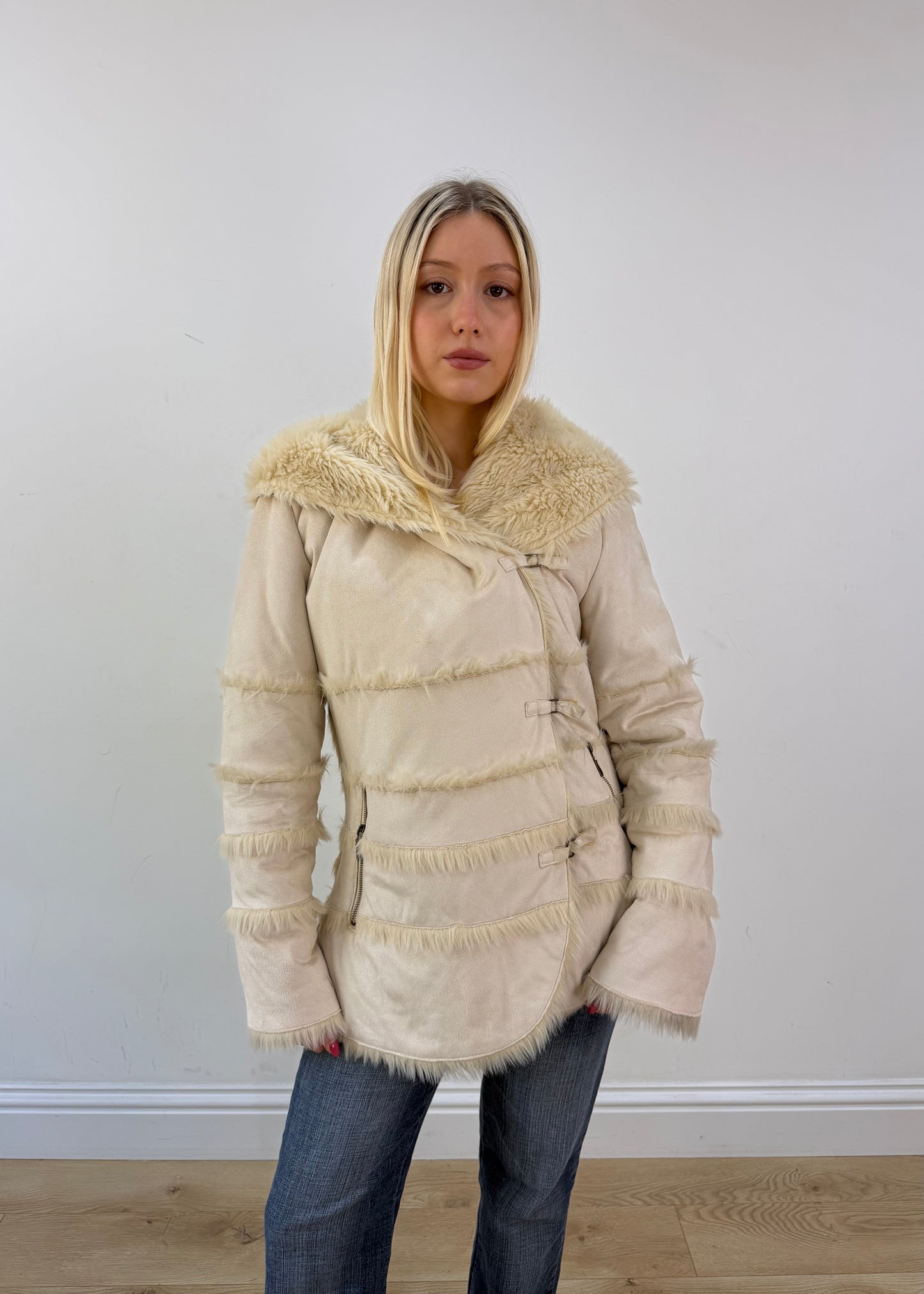 medium cream faux fur hooded jacket