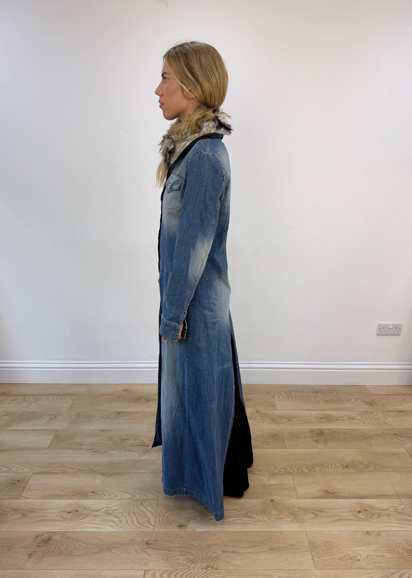 medium denim coat with faux fur collar