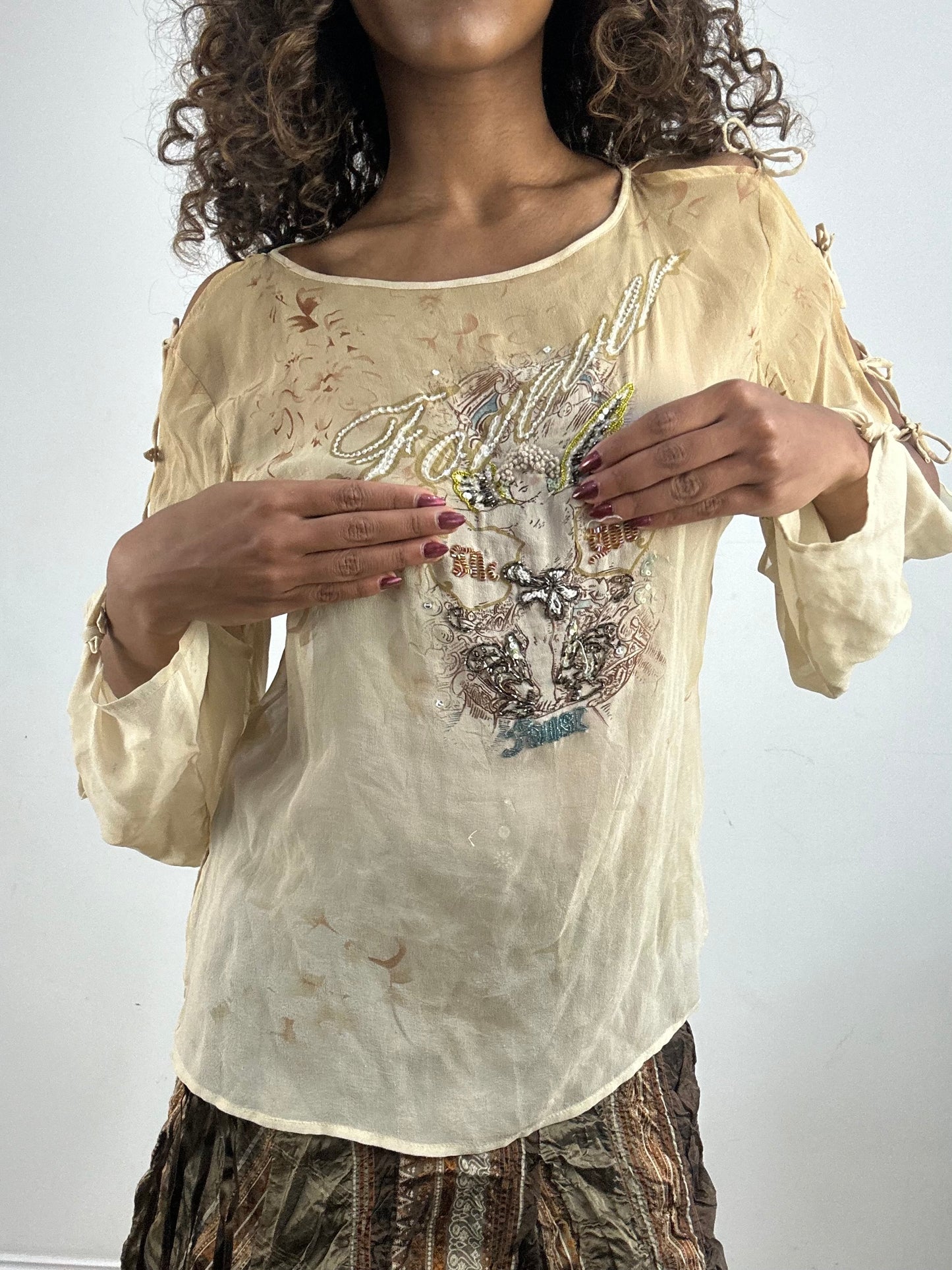 vintage edit thirty-four | small beige sheer long sleeve top