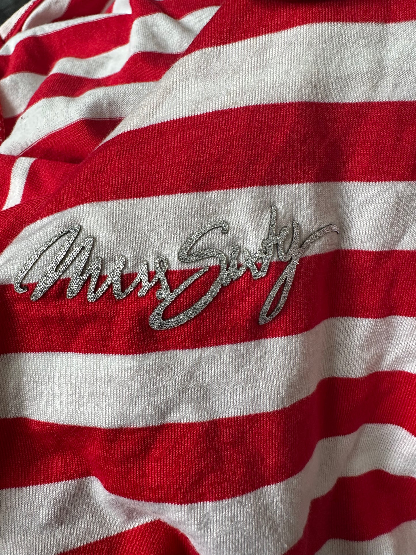 vintage edit twenty-seven | medium red miss sixty pinstripe top with silver logo detail