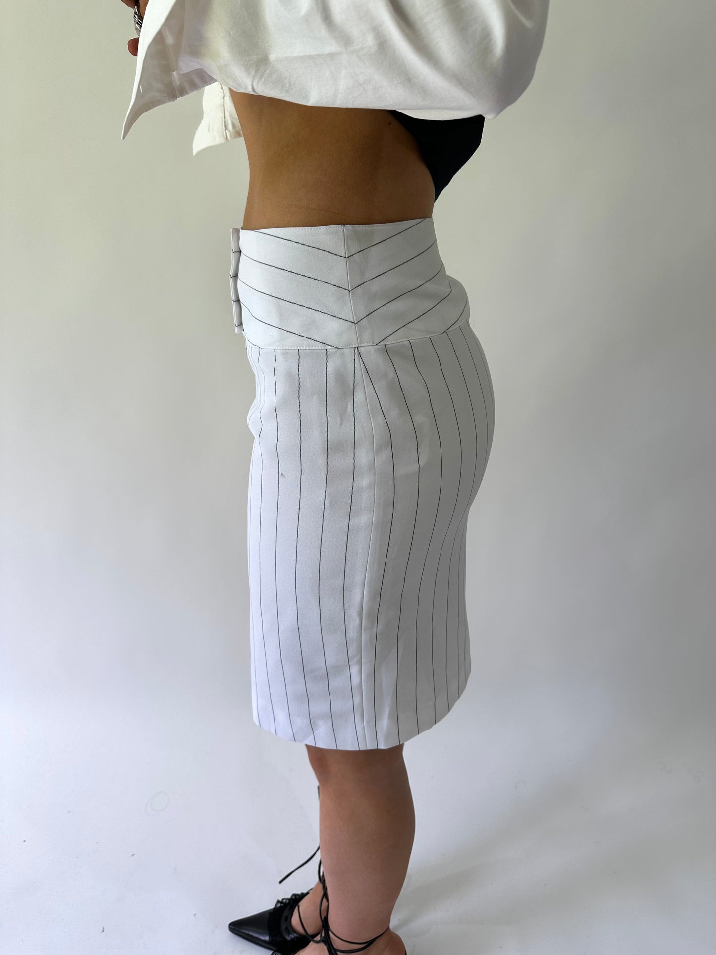 sailor drop | extra small white pinstripe midi skirt