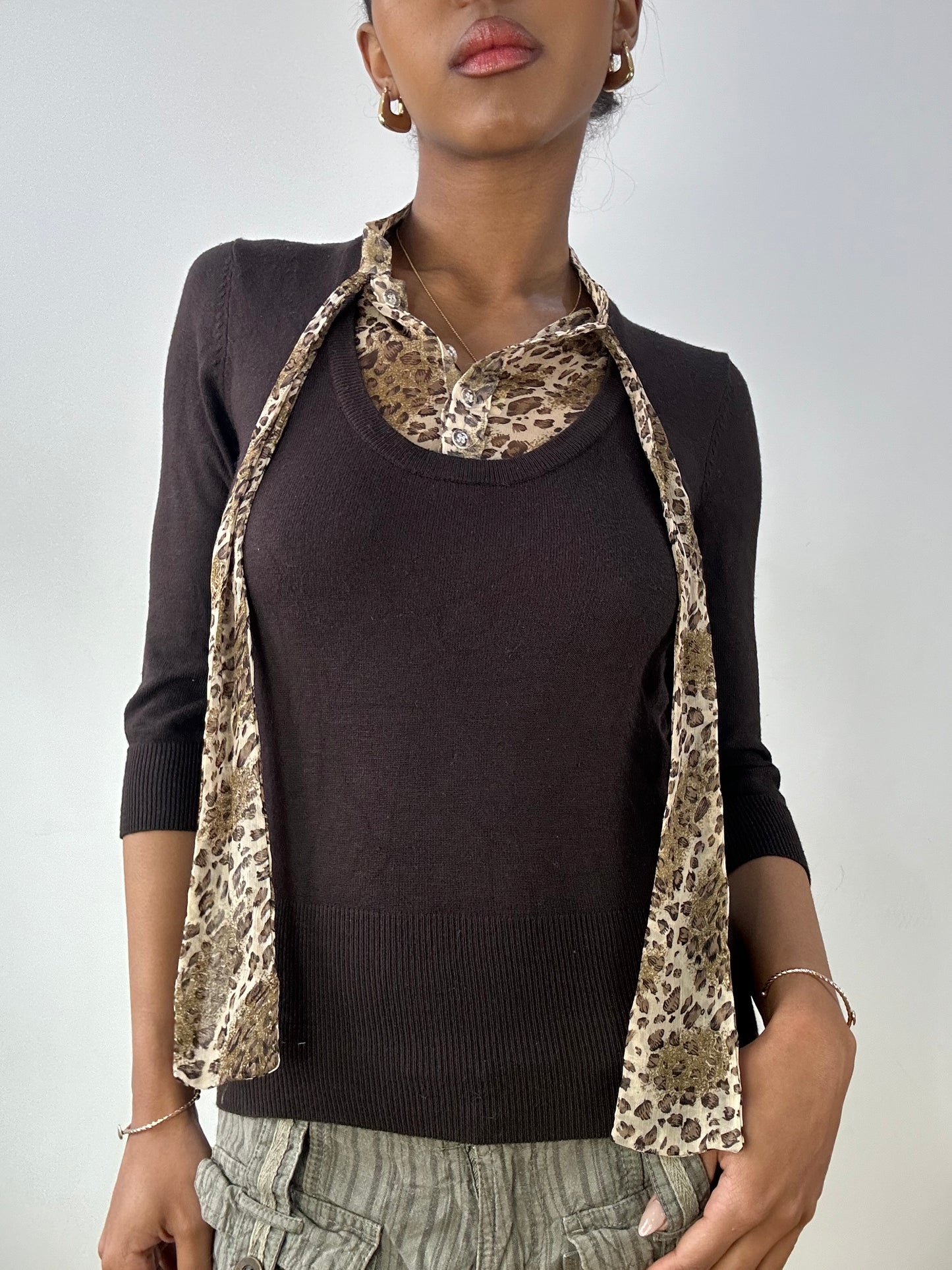 vintage edit fifteen | small brown knit jumper with built in leopard vest