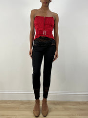MOB WIFE DROP | small red silky strapless corset top with buckle