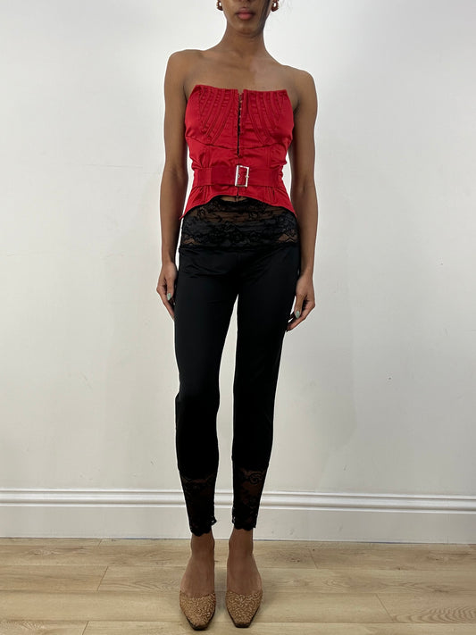 MOB WIFE DROP | small red silky strapless corset top with buckle
