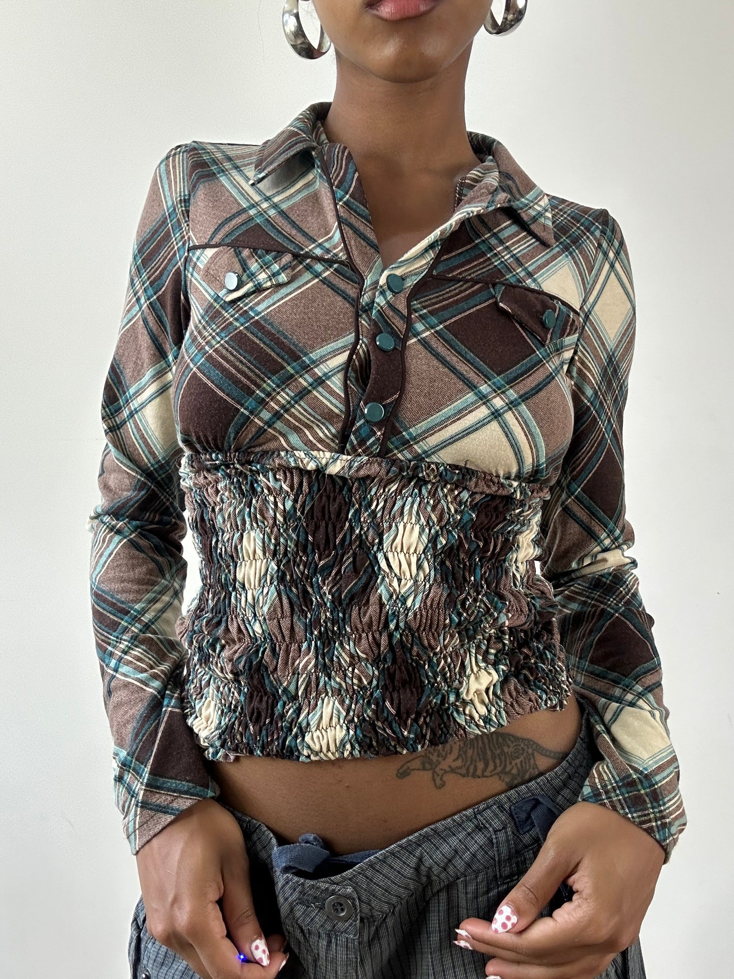 vintage edit twenty-seven | brown and white plaid collared long sleeve top with ruched waist