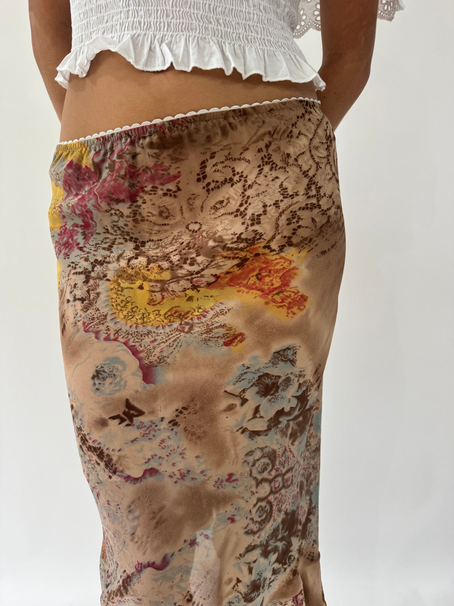 french summer drop | extra small/small brown floral midi skirt