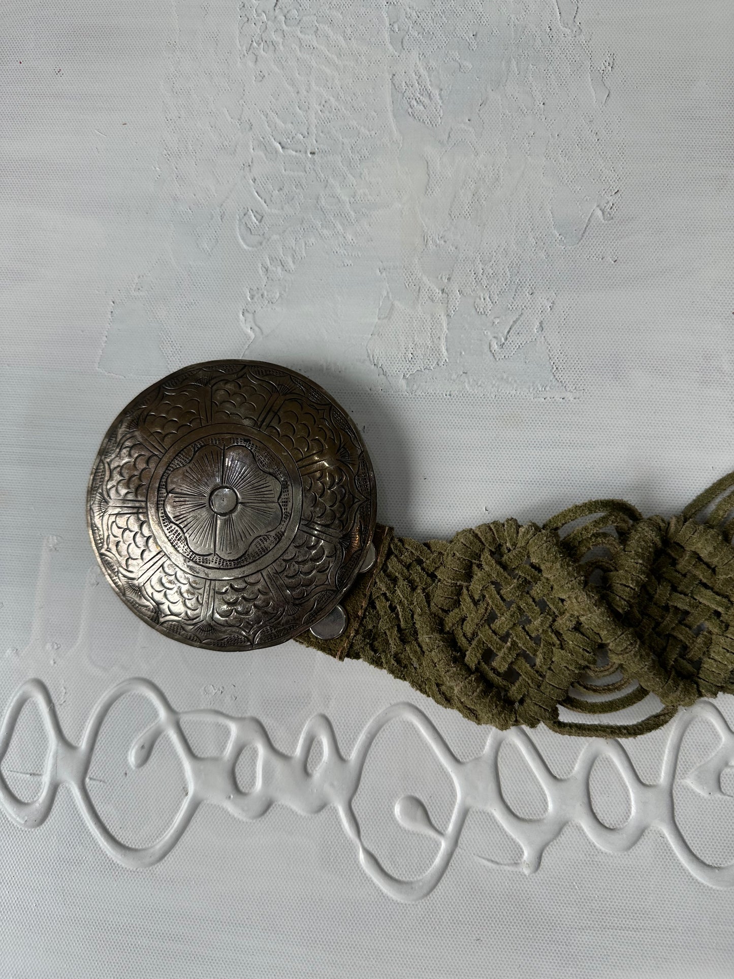 vintage edit thirty-one | one size green braided belt with floral statement buckle