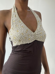 💻💚vintage edit treinta y uno | pequeño top de cuello halter marrón y crema con abalorios