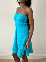 vintage edit twenty-five | medium blue halterneck midi dress with tie up back detail