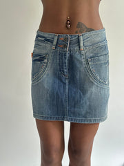 euro trash | small blue and orange harley davidson denim mini skirt