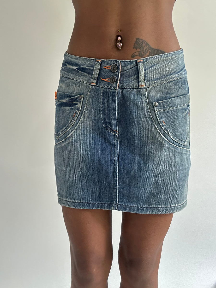 euro trash | small blue and orange harley davidson denim mini skirt