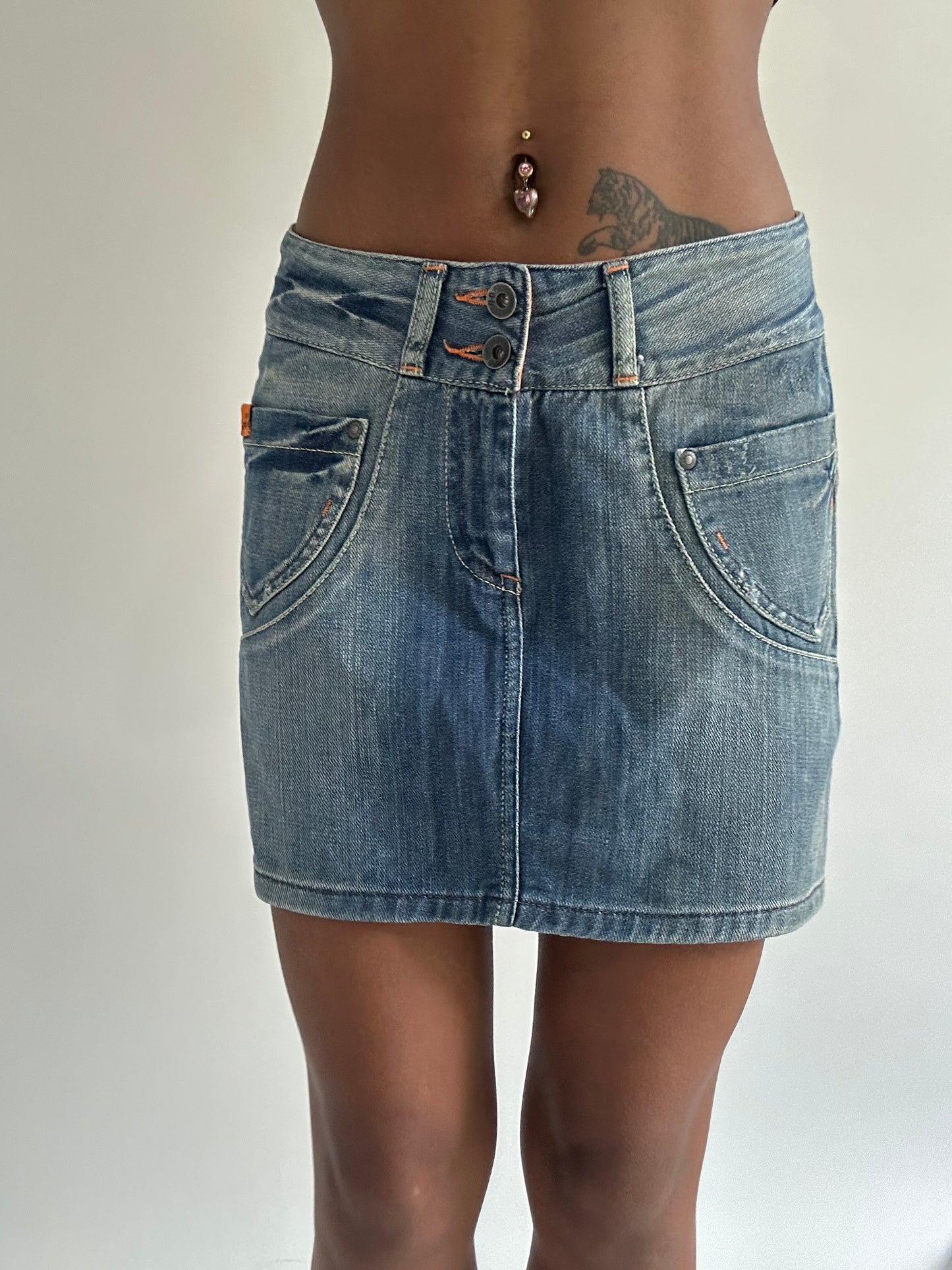 euro trash | small blue and orange harley davidson denim mini skirt