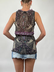 PALM BEACH DROP | medium mesh brown cami with purple paisley detail all over