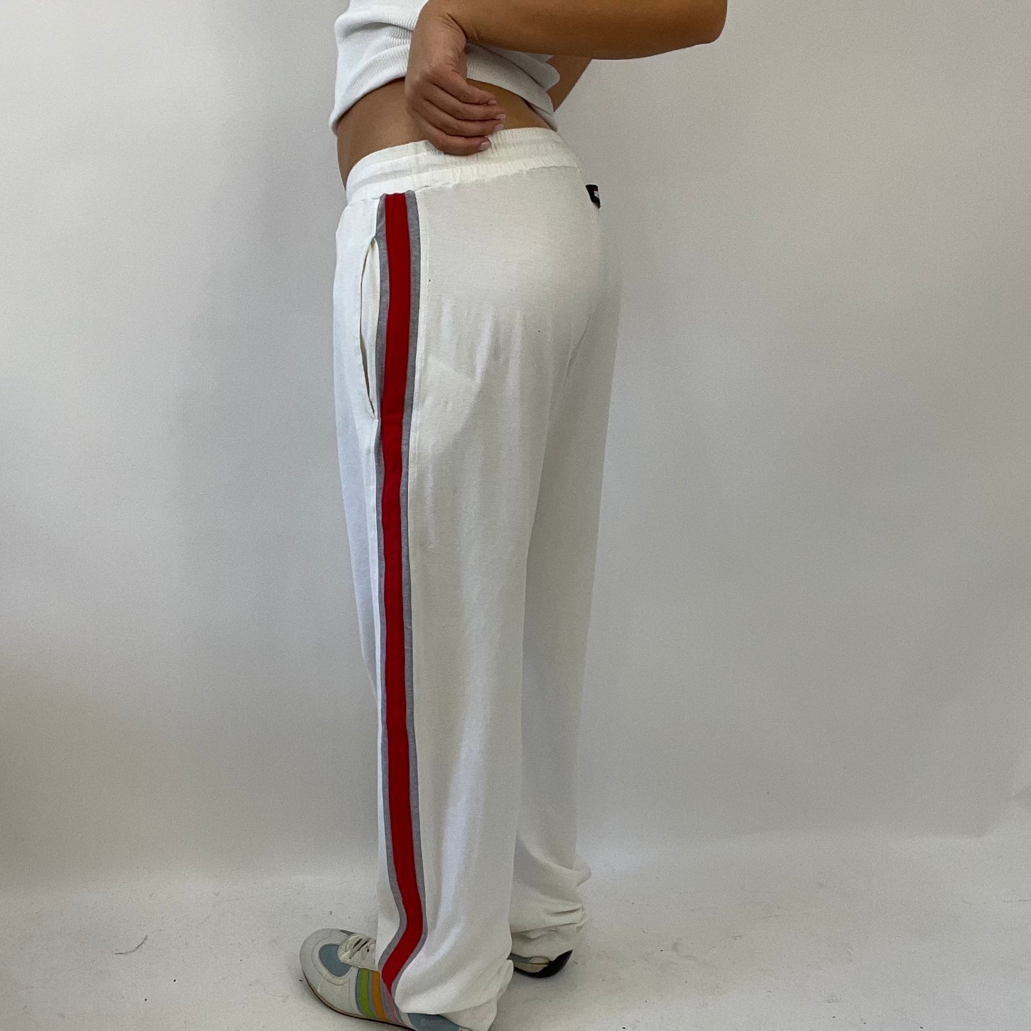 HAILEY BIEBER DROP | medium cream joggers with red stripes