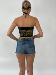 COCONUT GIRL DROP | small green halterneck crop top with beige print