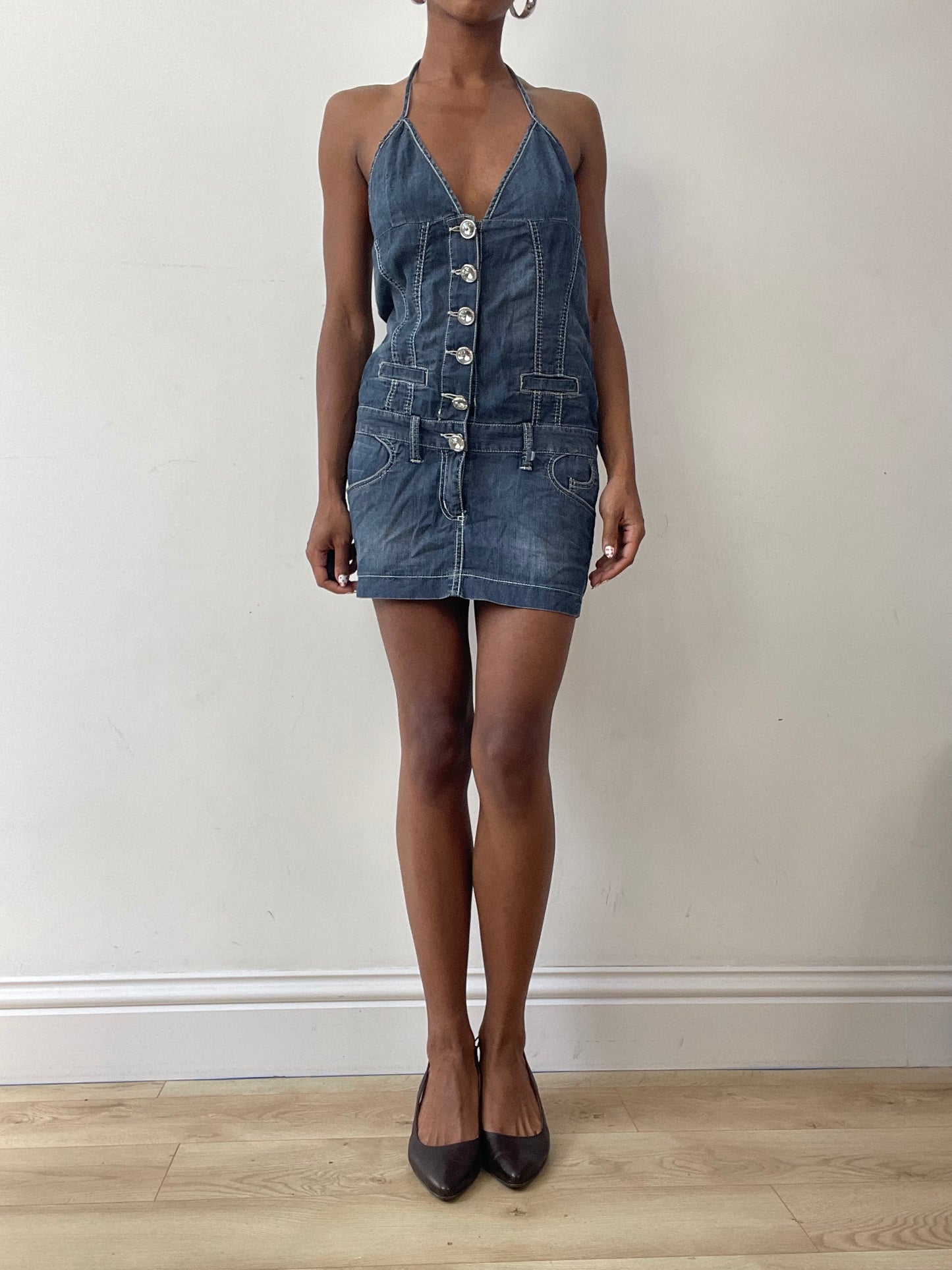 vintage edit twenty-seven | small denim halterneck mini dress with diamanté buttons
