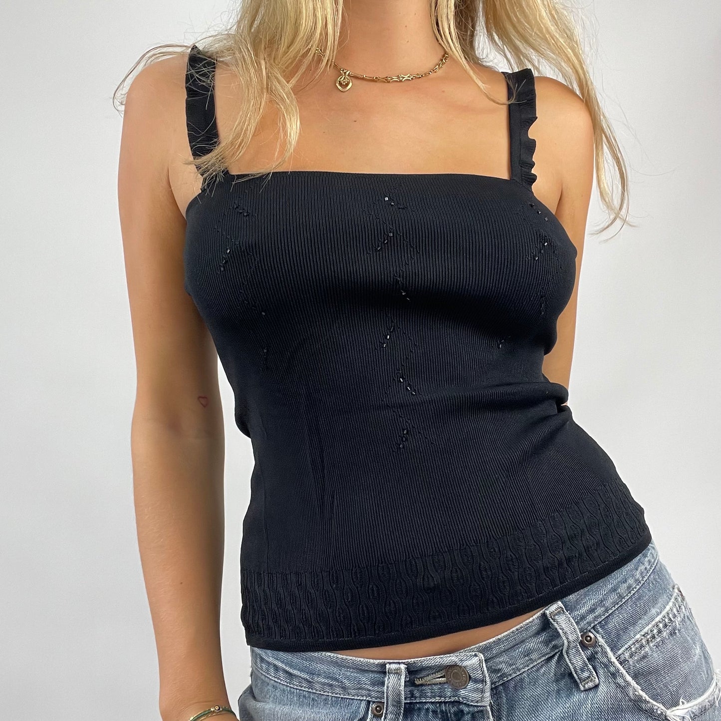 GRUNGE COQUETTE DROP | small black ribbed top with beads