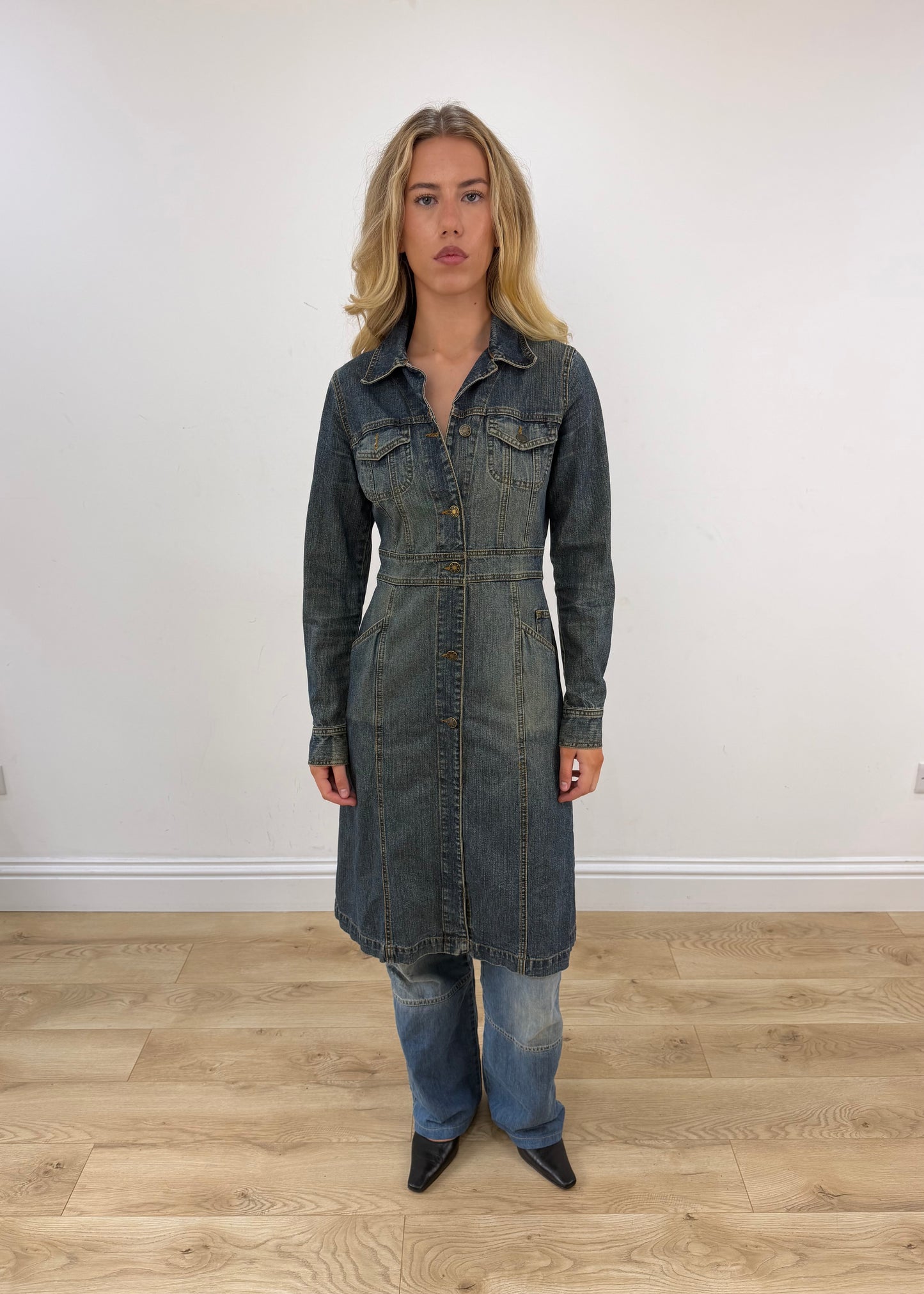small blue denim trench coat