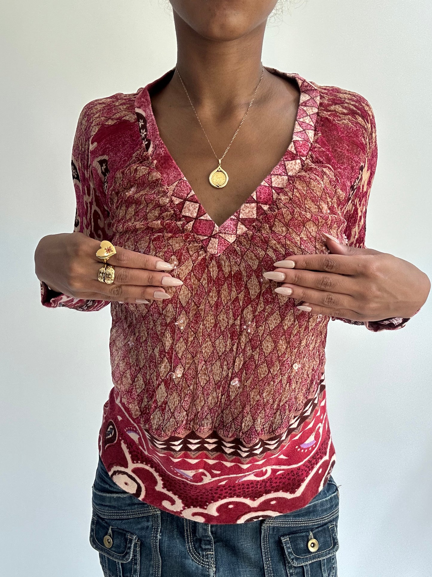 summermaxxing drop | medium pink sheer patterned long sleeve top