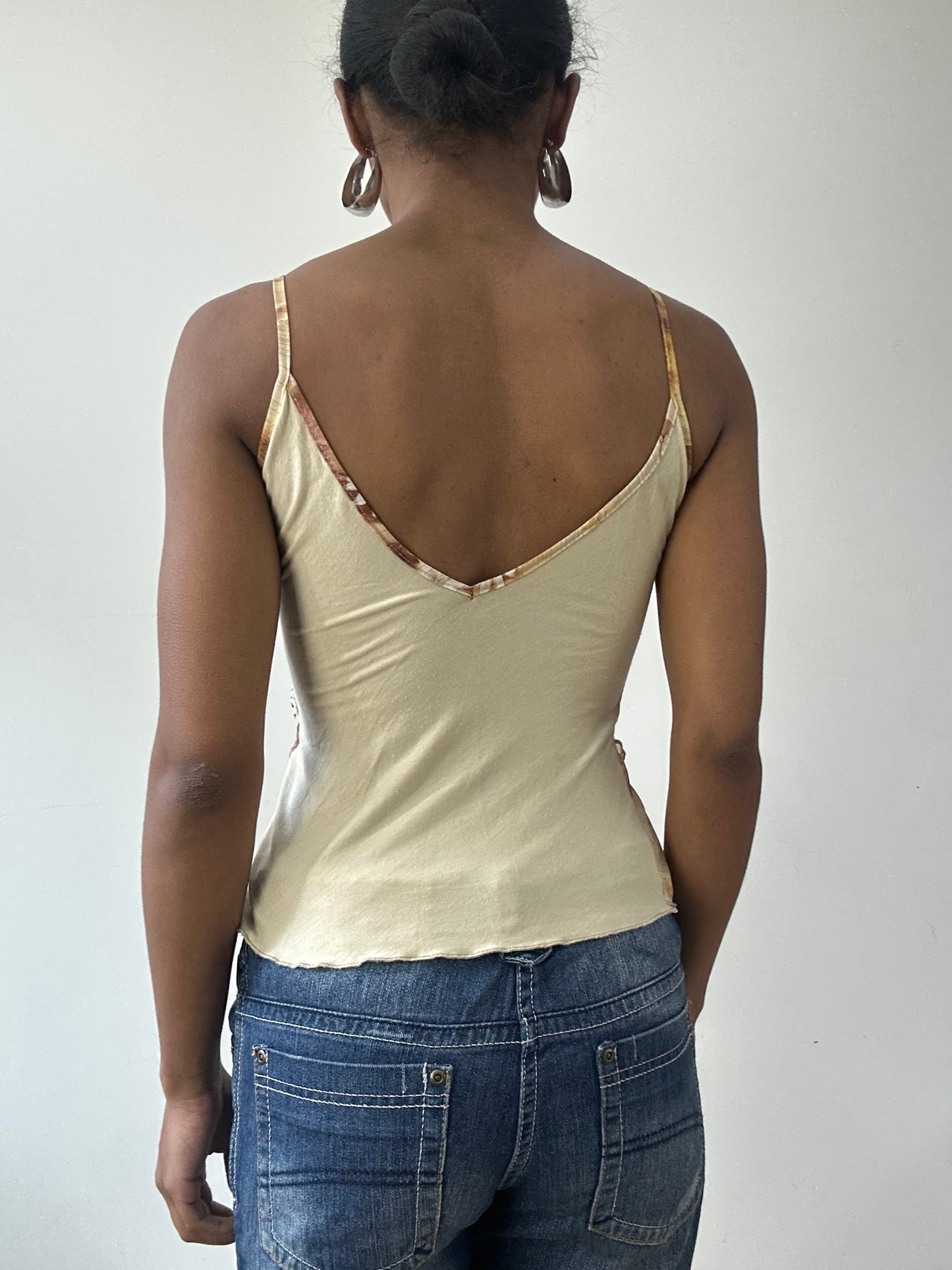 vintage edit thirty-one | small beige and brown ruffle cami top