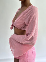 sailor drop | Pequeno rosa flared sleeve ligado para cima vestido feminino
