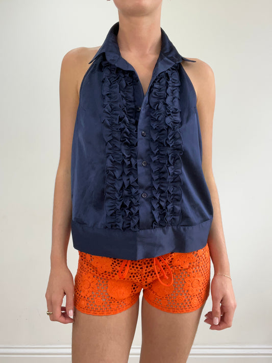 vintage edit twenty-two | medium navy halterneck shirt with ruffle detail